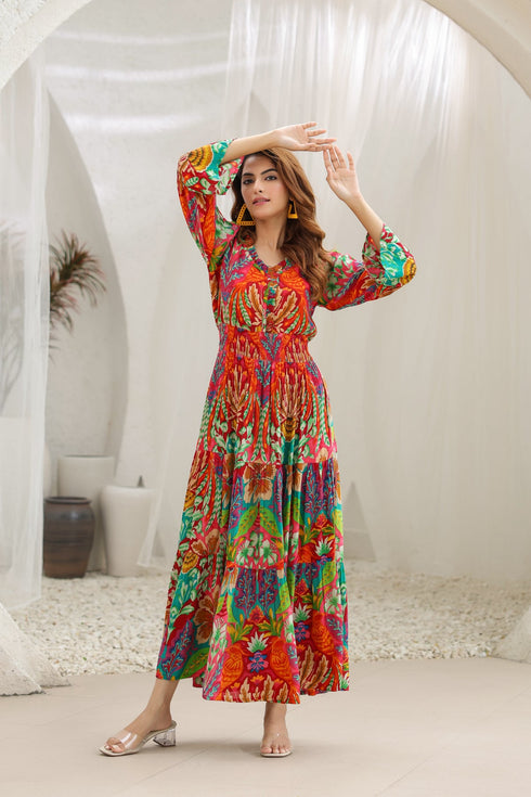 Women Abstract Printed Fit & Flare Maxi Ethnic Dress
